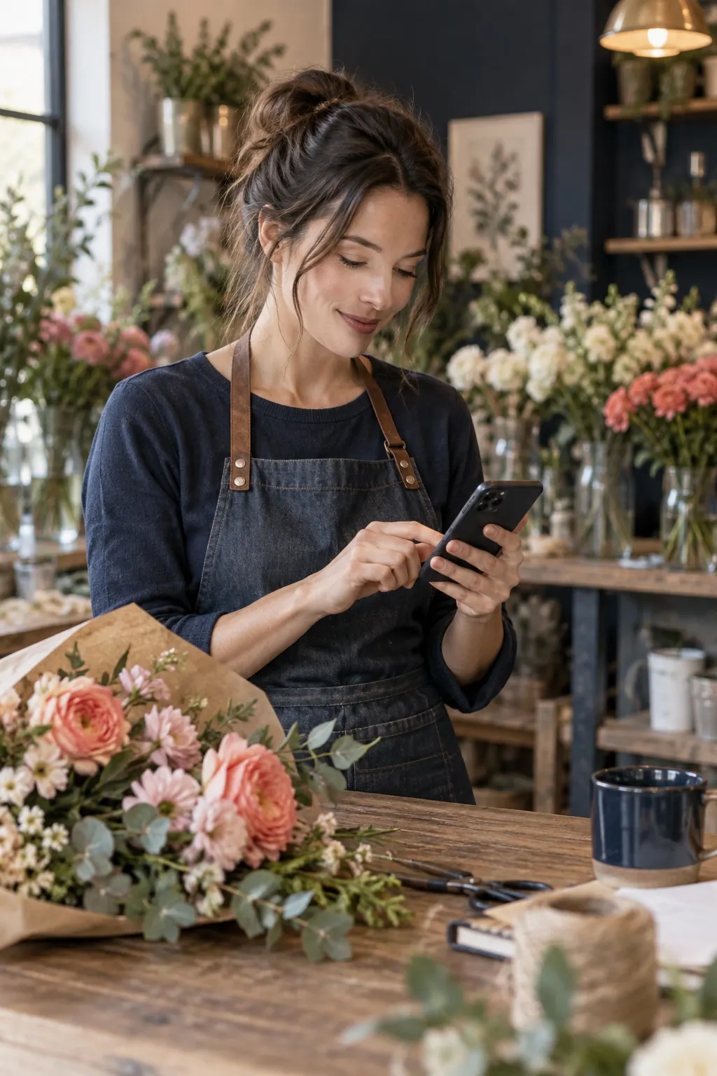 Florist sending a customer message by phone
