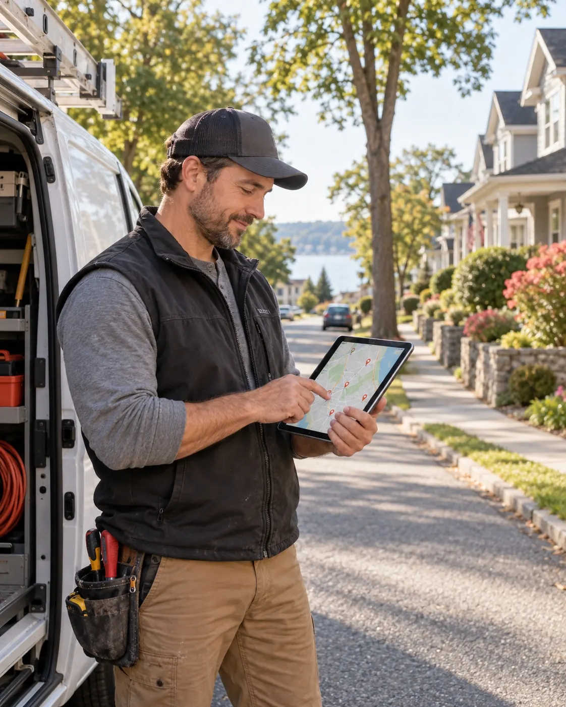 Home service contractor reviewing a tablet in a neighborhood