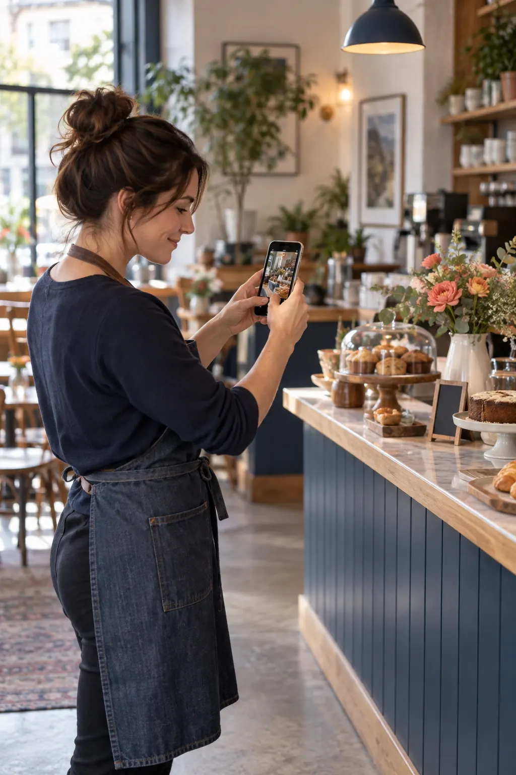 Cafe owner photographing a business display